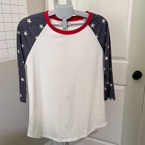 Tickled Teal Women's Star Print Raglan Tee - Red, White, and Blue